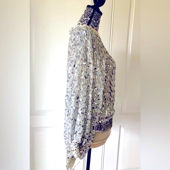 Neiman Marcus VTG 60’s Metallic Silver sequin Sheer dolman blouson Size S-M - Picture 10 of 17